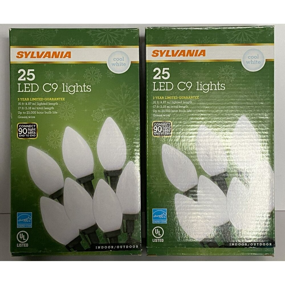 Christmas Holiday Lights Sylvania 25 LED C9 Cool White 2 Boxes Indoor/Outdoor LG